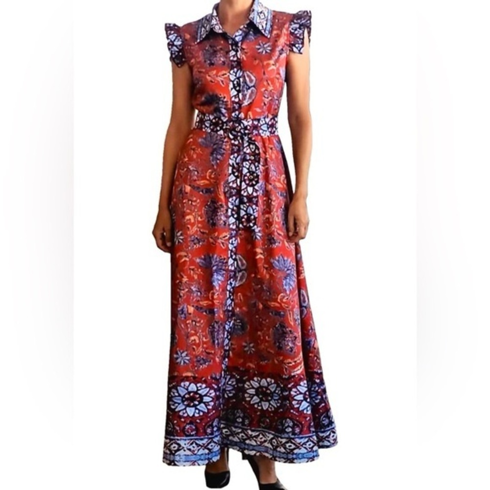 Vibrant Red and Blue Patterned Maxi Dress